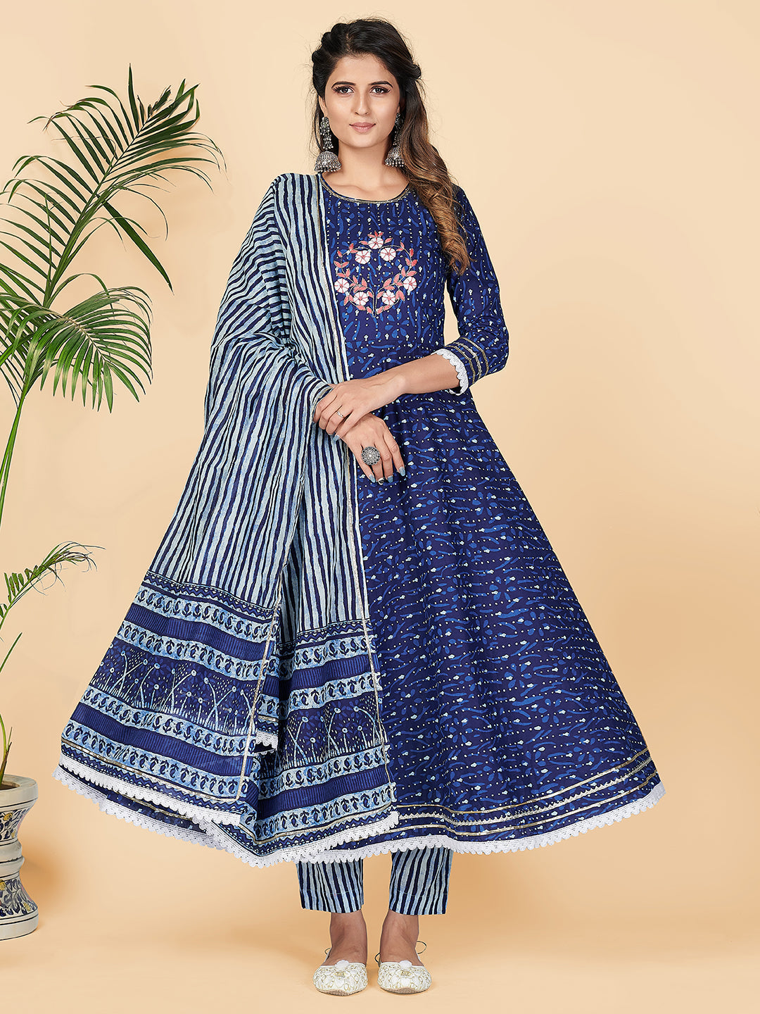 NOZ2TOZ Women's Printed & Hand Work Anarkali Cotton Blue Stitched Kurta Pant With Dupatta - Noz2Toz