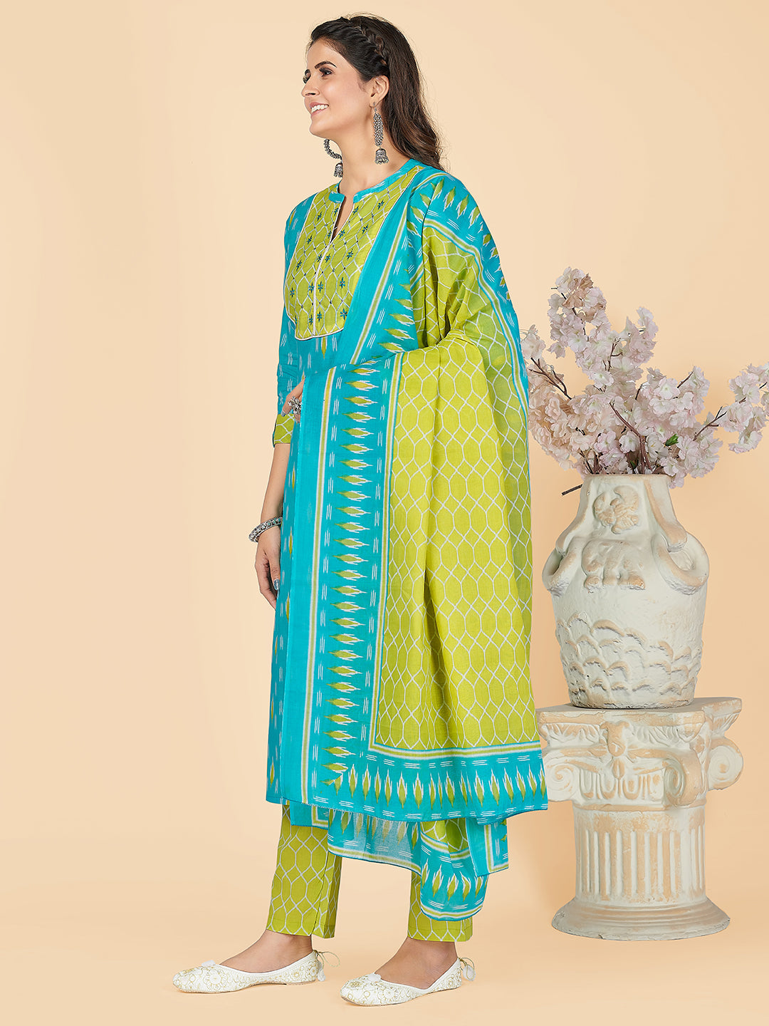 NOZ2TOZ Women's Printed & Embroidered Straight Cotton Sky Blue Stitched Kurta Pant With Dupatta - Swadesiicart
