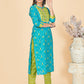 NOZ2TOZ Women's Printed & Embroidered Straight Cotton Sky Blue Stitched Kurta Pant With Dupatta - Swadesiicart