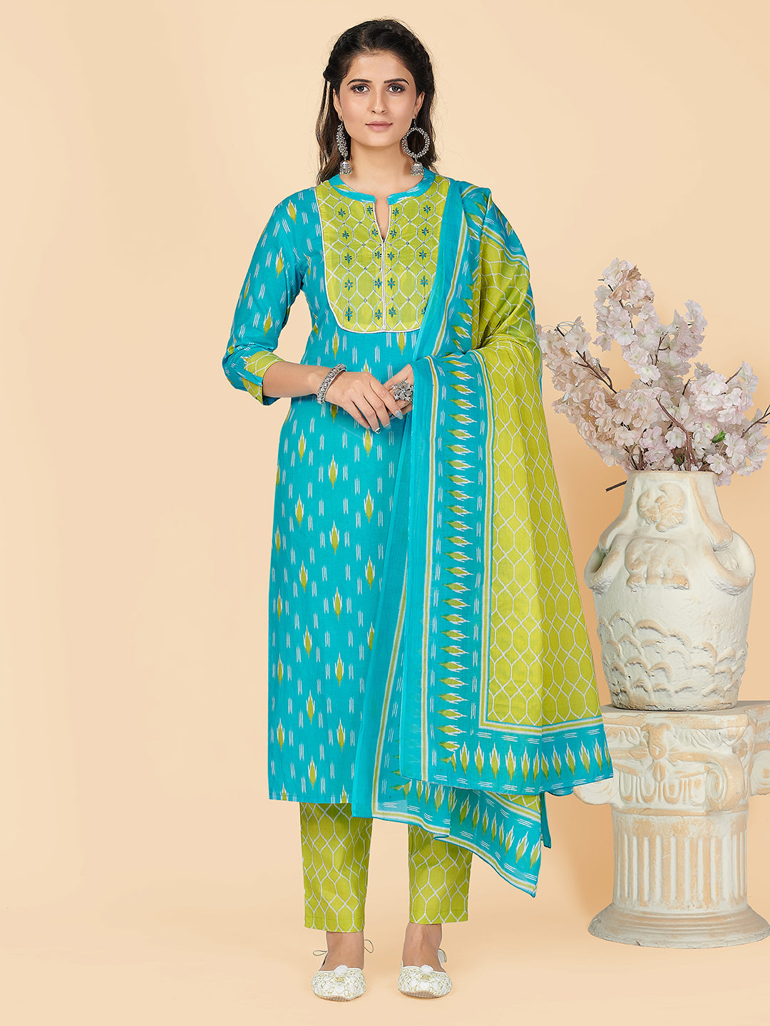 NOZ2TOZ Women's Printed & Embroidered Straight Cotton Sky Blue Stitched Kurta Pant With Dupatta - Swadesiicart