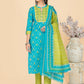 NOZ2TOZ Women's Printed & Embroidered Straight Cotton Sky Blue Stitched Kurta Pant With Dupatta - Noz2Toz