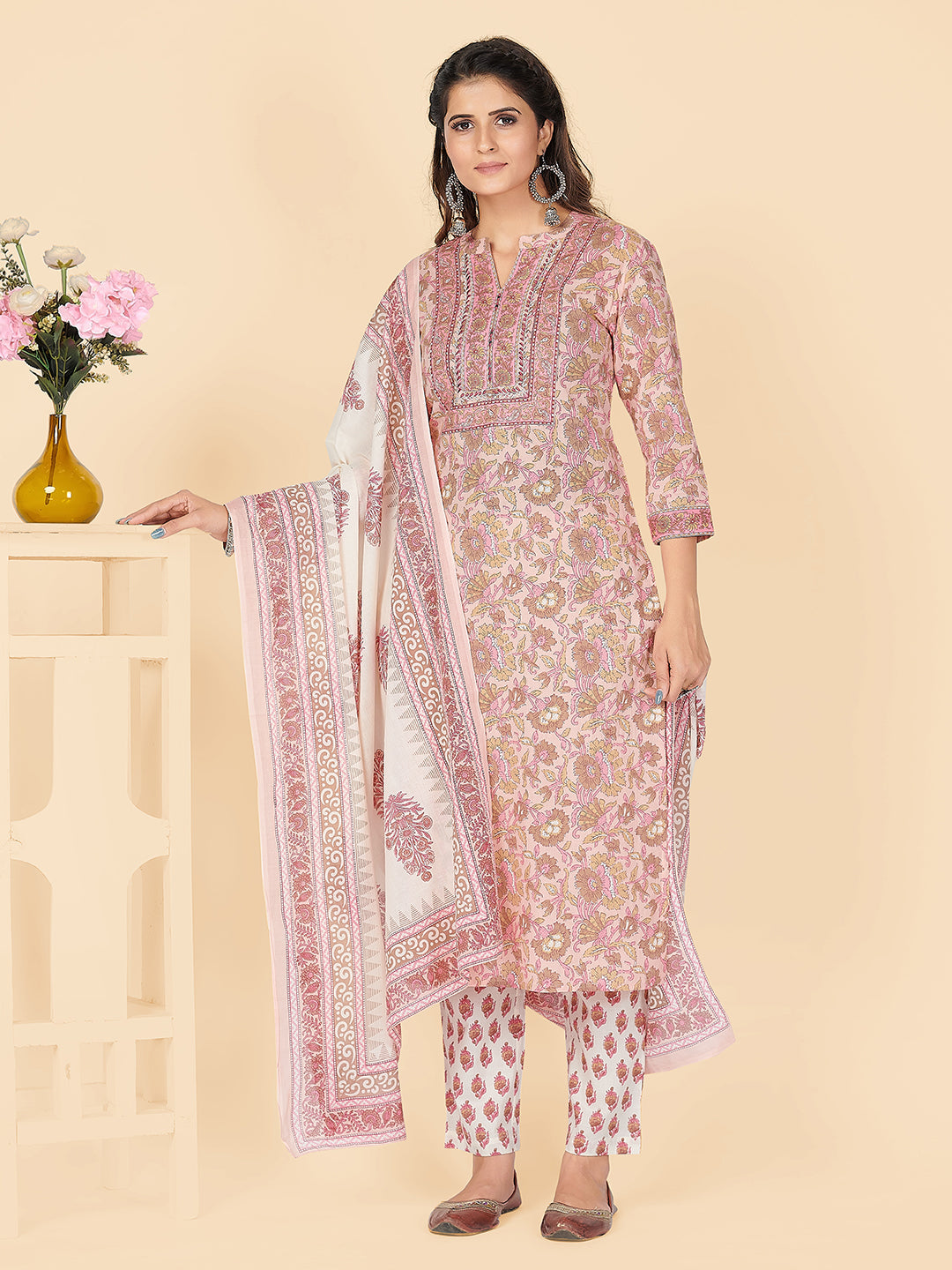 NOZ2TOZ Women's Printed & Embroidered Straight Cotton Peach Stitched Kurta Pant With Dupatta - Swadesiicart