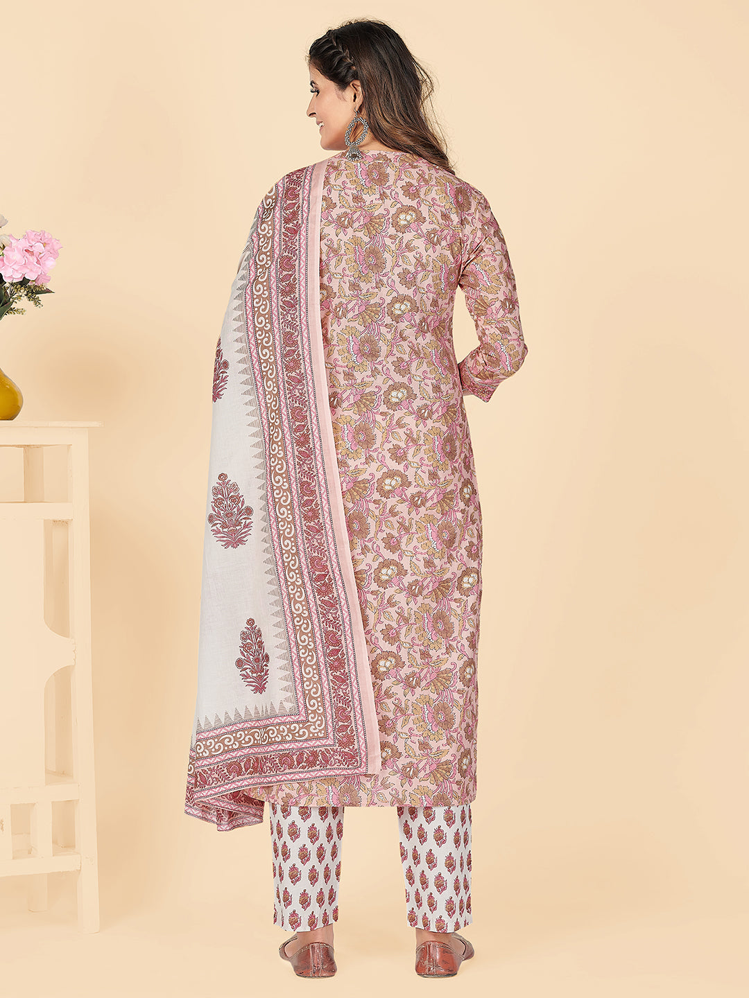 NOZ2TOZ Women's Printed & Embroidered Straight Cotton Peach Stitched Kurta Pant With Dupatta - Swadesiicart