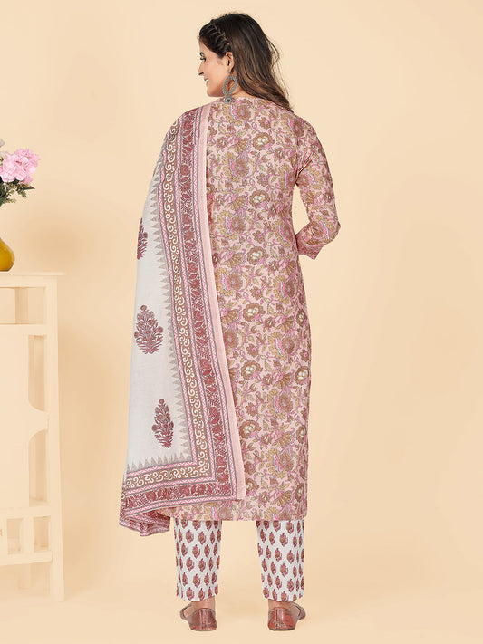 NOZ2TOZ Women's Printed & Embroidered Straight Cotton Peach Stitched Kurta Pant With Dupatta - Swadesiicart