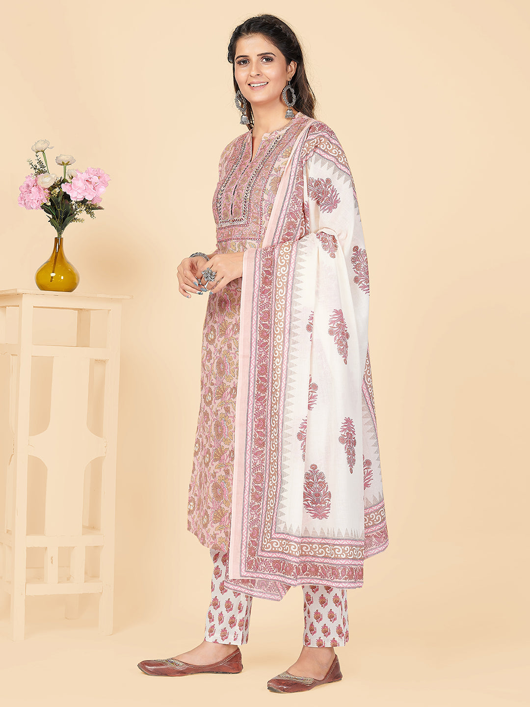 NOZ2TOZ Women's Printed & Embroidered Straight Cotton Peach Stitched Kurta Pant With Dupatta - Swadesiicart