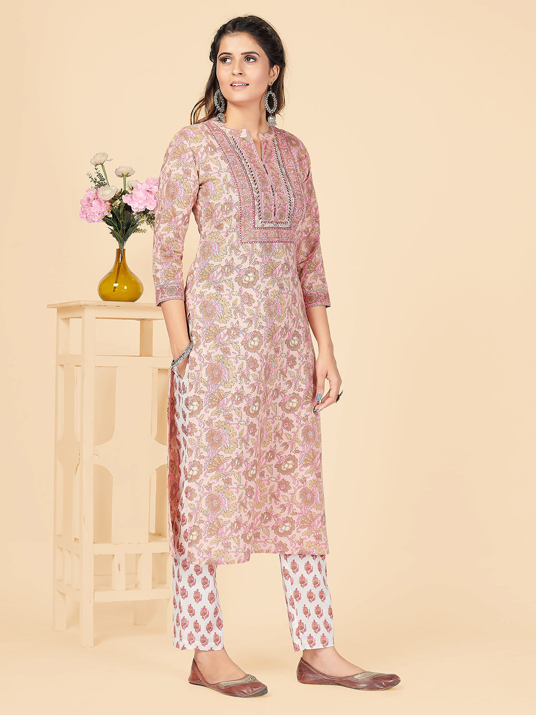 NOZ2TOZ Women's Printed & Embroidered Straight Cotton Peach Stitched Kurta Pant With Dupatta - Swadesiicart