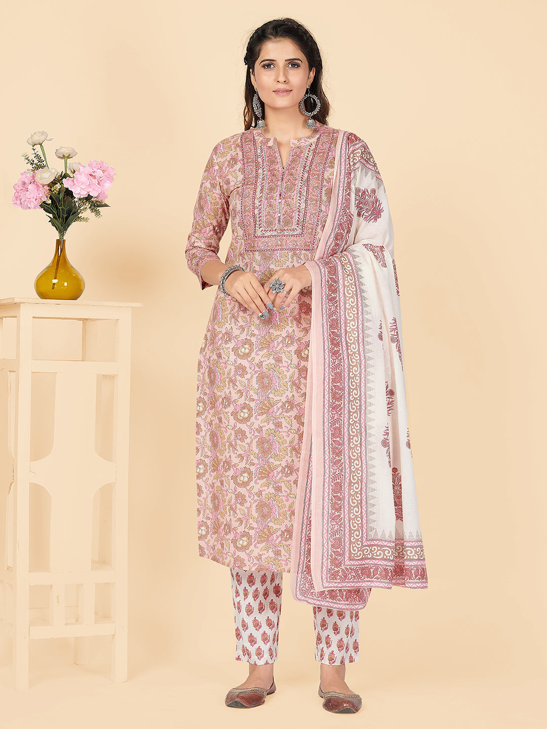 NOZ2TOZ Women's Printed & Embroidered Straight Cotton Peach Stitched Kurta Pant With Dupatta - Noz2Toz