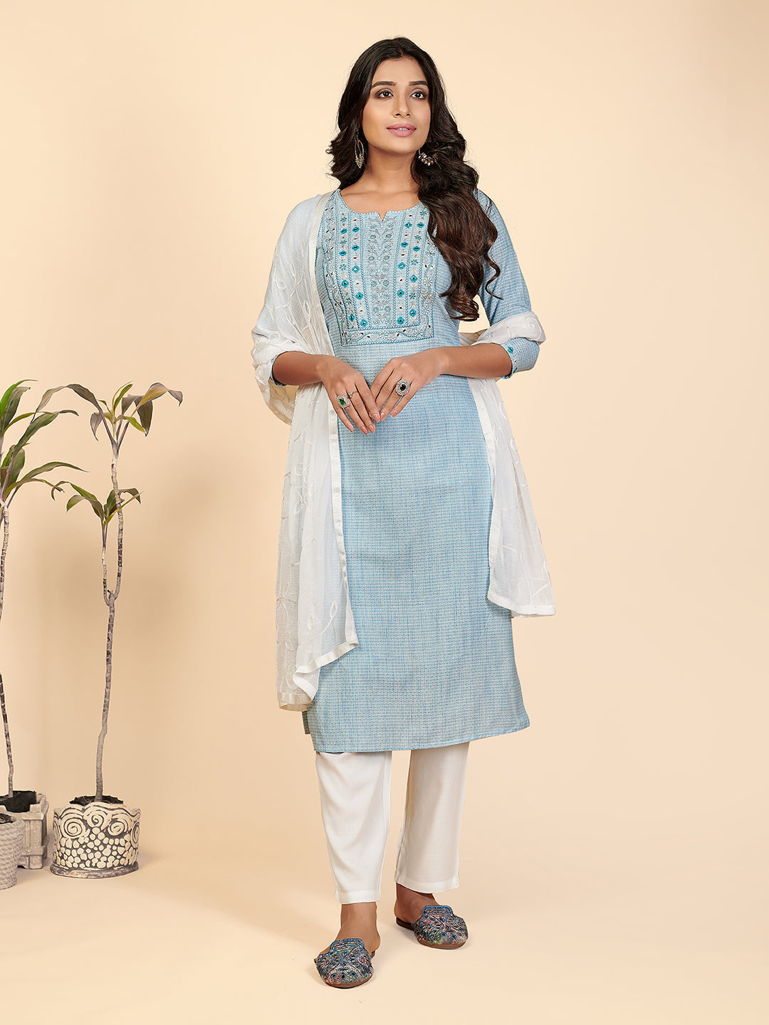 NOZ2TOZ Women's Sky Blue Kurta with Pants & Dupatta (3 Pc Set) - Swadesiicart