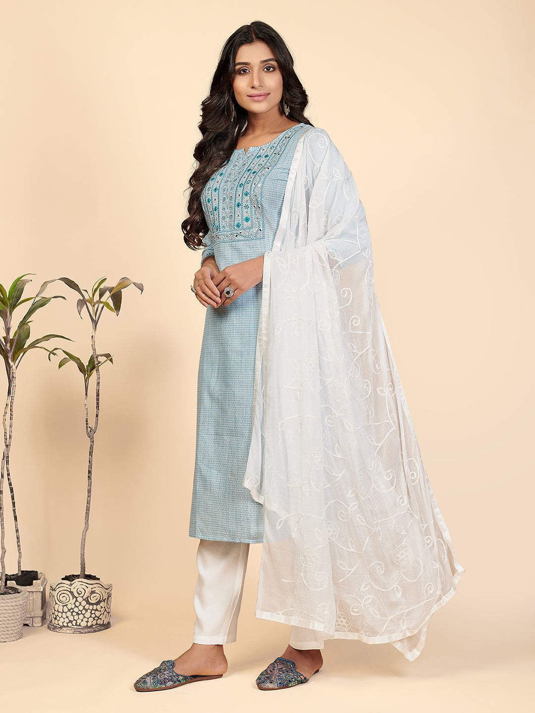 NOZ2TOZ Women's Sky Blue Kurta with Pants & Dupatta (3 Pc Set) - Swadesiicart