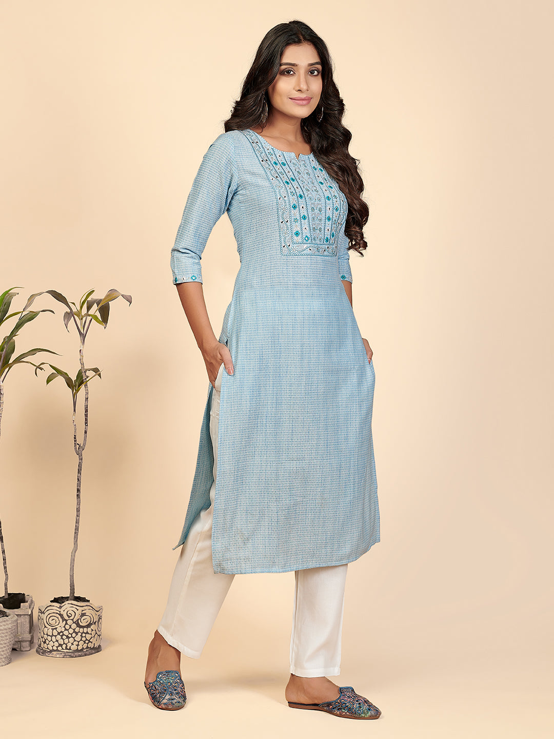 NOZ2TOZ Women's Sky Blue Kurta with Pants & Dupatta (3 Pc Set) - Swadesiicart