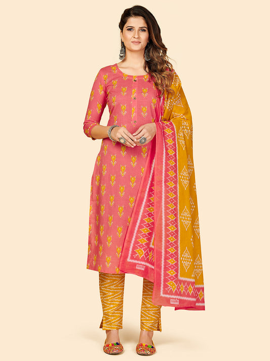 NOZ2TOZ Women's Printed & Hand Work Straight Cotton Coral Stitched Kurta Pant With Dupatta - Noz2Toz
