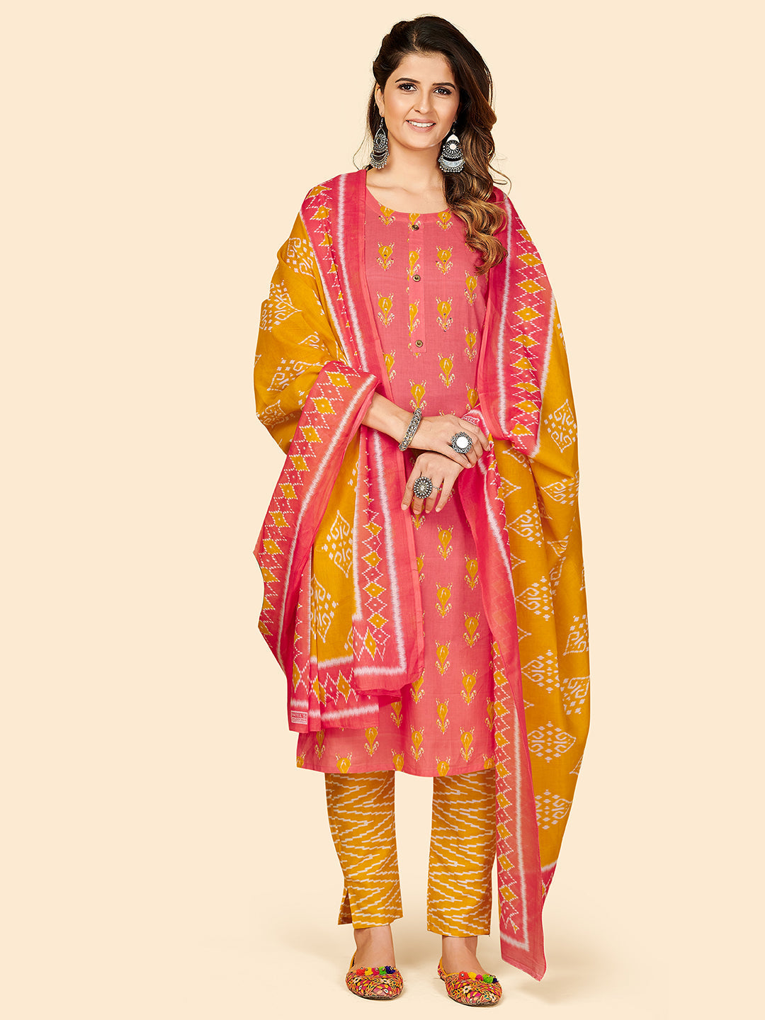 NOZ2TOZ Women's Printed & Hand Work Straight Cotton Coral Stitched Kurta Pant With Dupatta - Swadesiicart
