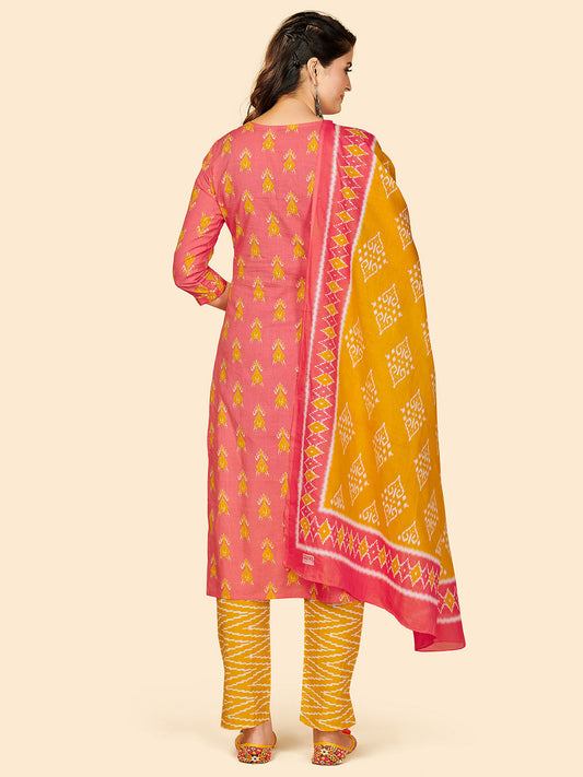 NOZ2TOZ Women's Printed & Hand Work Straight Cotton Coral Stitched Kurta Pant With Dupatta - Swadesiicart