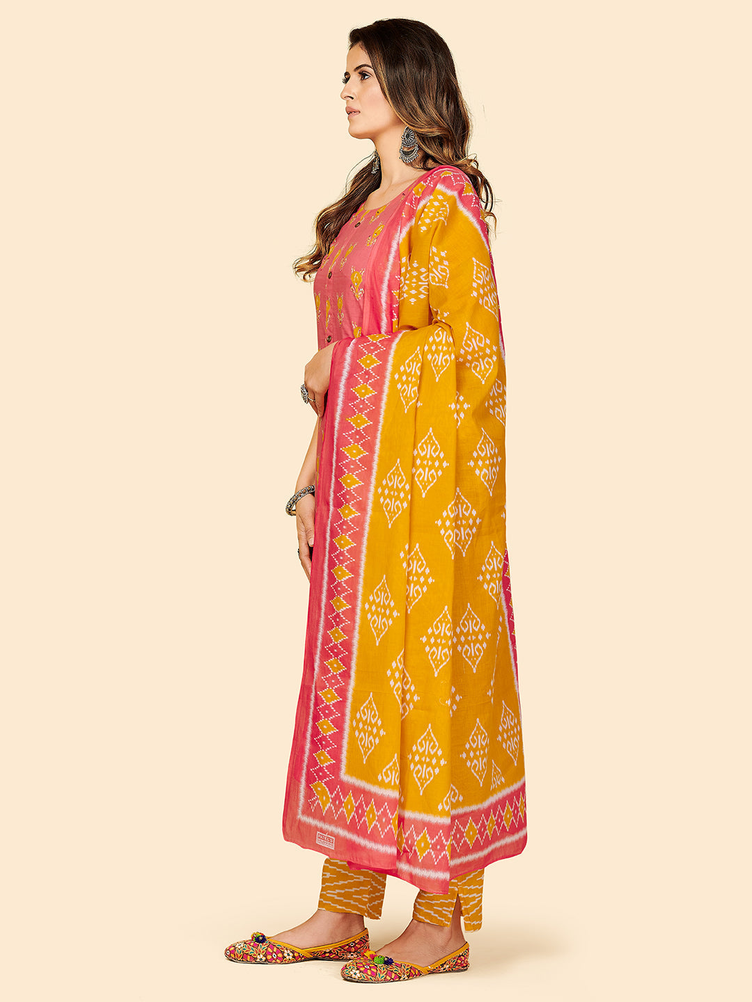 NOZ2TOZ Women's Printed & Hand Work Straight Cotton Coral Stitched Kurta Pant With Dupatta - Swadesiicart