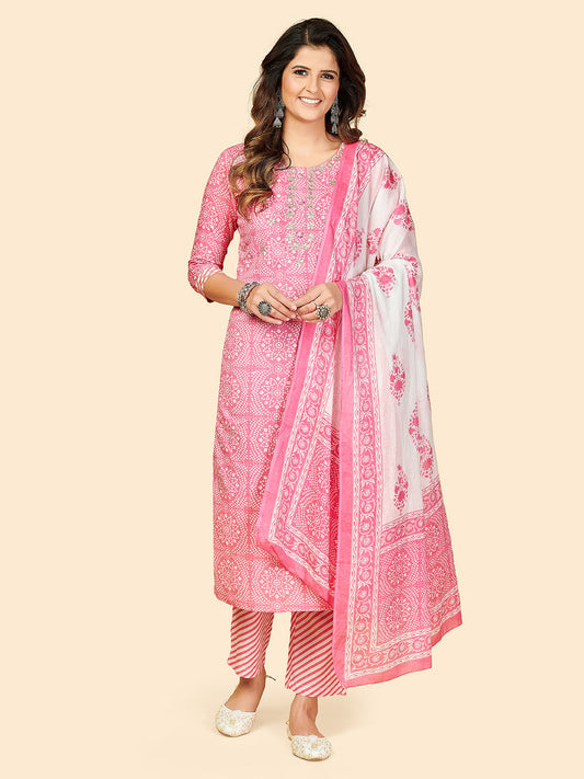 NOZ2TOZ Women's Printed & Embroidered Straight Cotton Light Pink Stitched Kurta Pant With Dupatta - Noz2Toz
