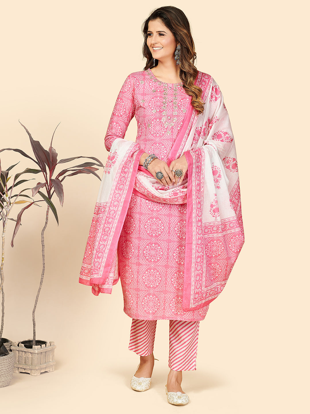 NOZ2TOZ Women's Printed & Embroidered Straight Cotton Light Pink Stitched Kurta Pant With Dupatta - Swadesiicart