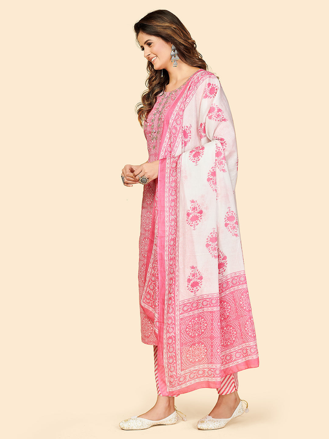 NOZ2TOZ Women's Printed & Embroidered Straight Cotton Light Pink Stitched Kurta Pant With Dupatta - Swadesiicart