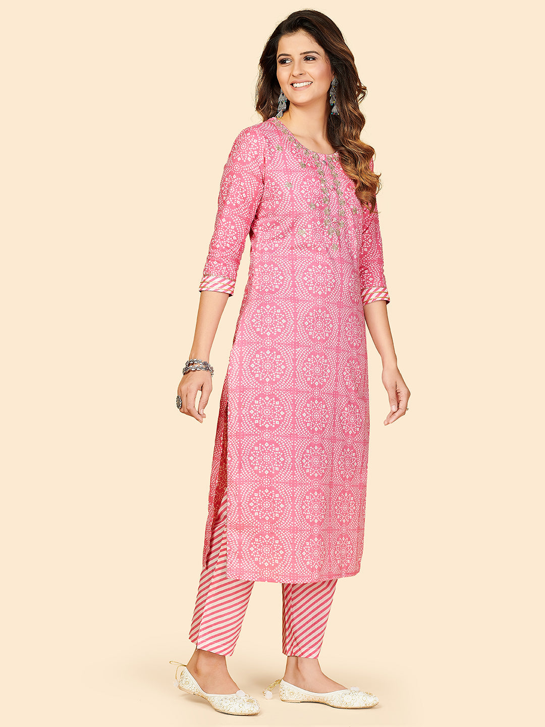 NOZ2TOZ Women's Printed & Embroidered Straight Cotton Light Pink Stitched Kurta Pant With Dupatta - Swadesiicart