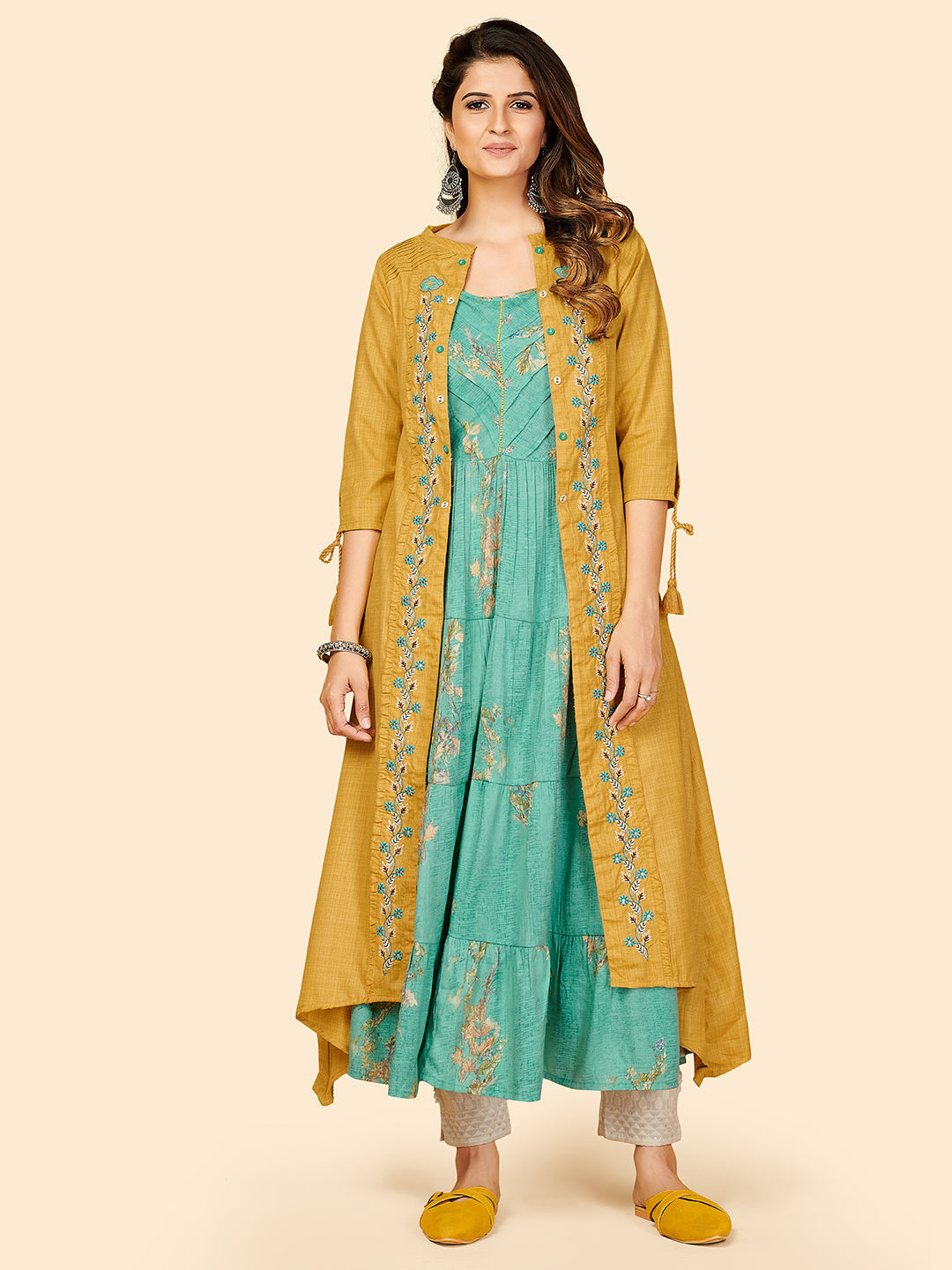 NOZ2TOZ Women Mustard Yellow Anarkali Kurta With Shrug (2pcs Set) - Noz2Toz