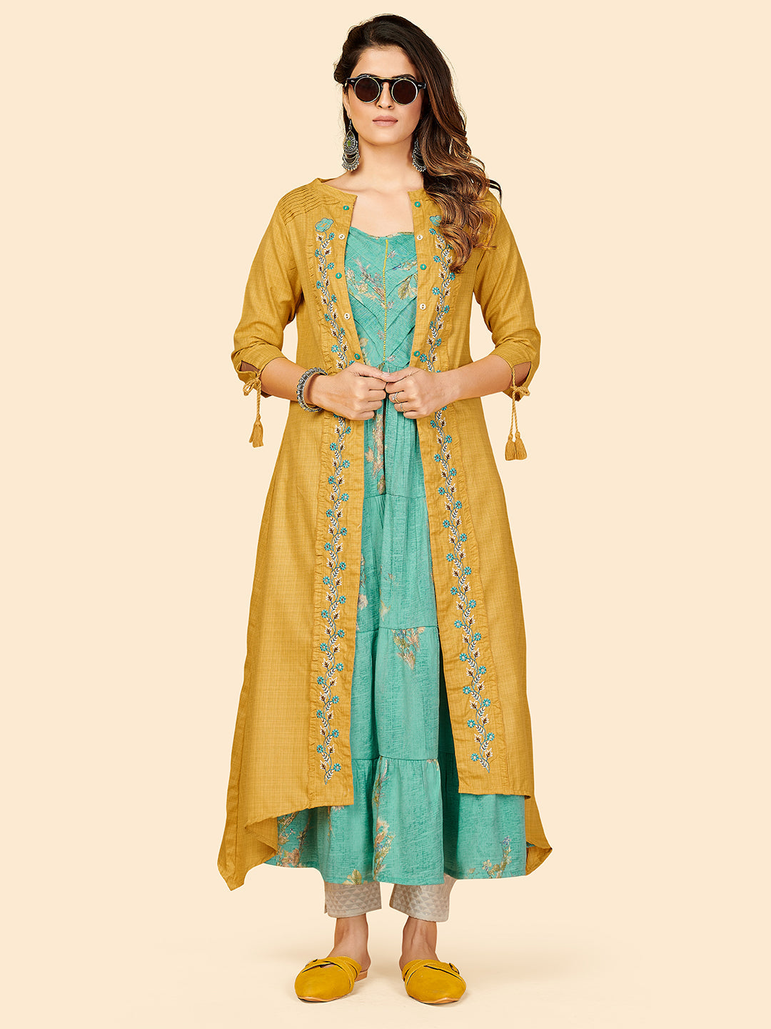 NOZ2TOZ Women Mustard Yellow Anarkali Kurta With Shrug (2pcs Set) - Swadesiicart