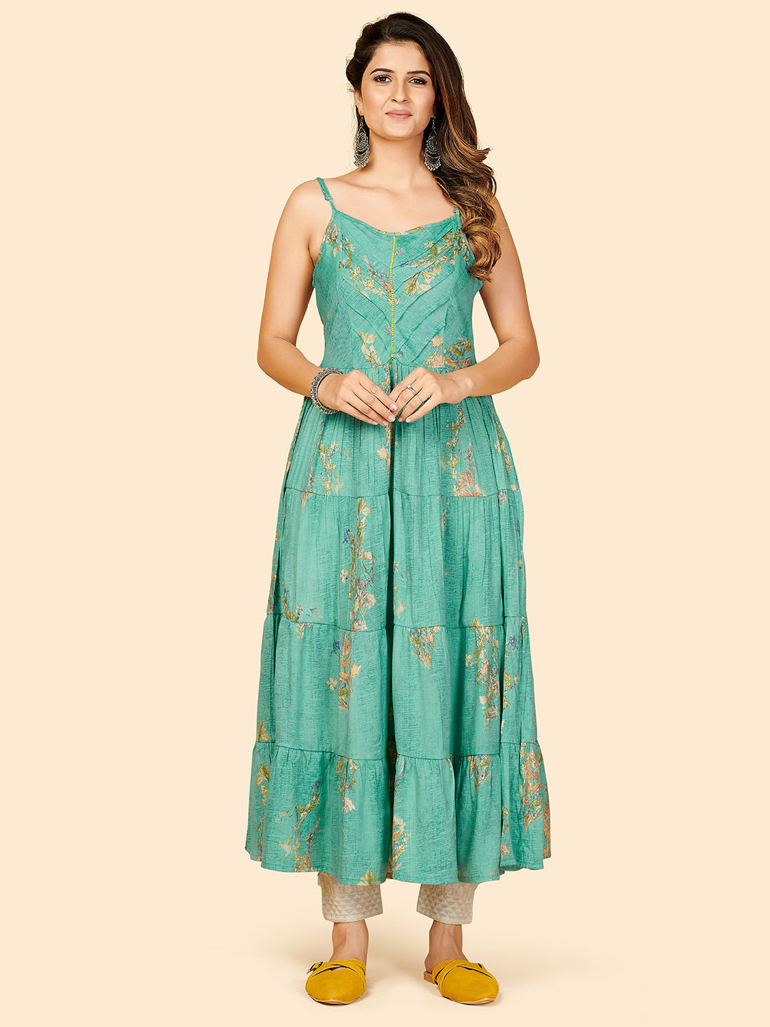 NOZ2TOZ Women Mustard Yellow Anarkali Kurta With Shrug (2pcs Set) - Swadesiicart