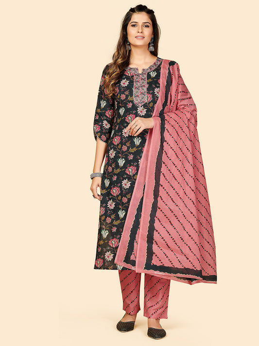 NOZ2TOZ Women Black Cotton Kurta with Pant & Dupatta (3pcs Set) - Swadesiicart