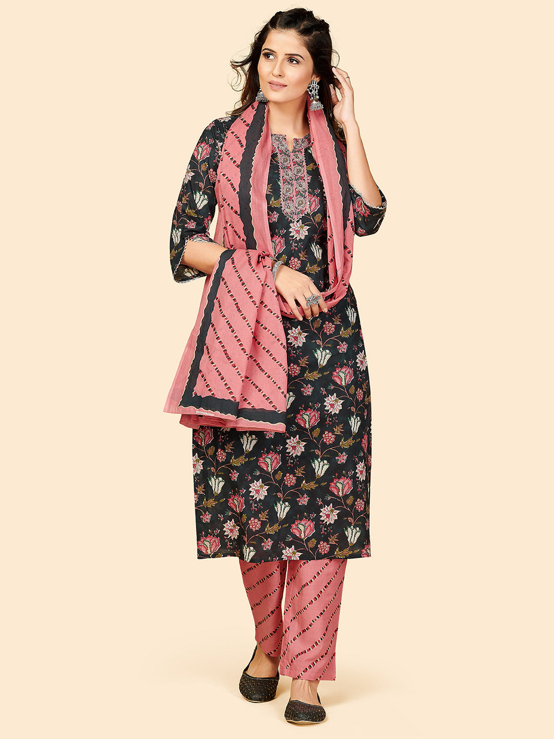 NOZ2TOZ Women Black Cotton Kurta with Pant & Dupatta (3pcs Set) - Swadesiicart