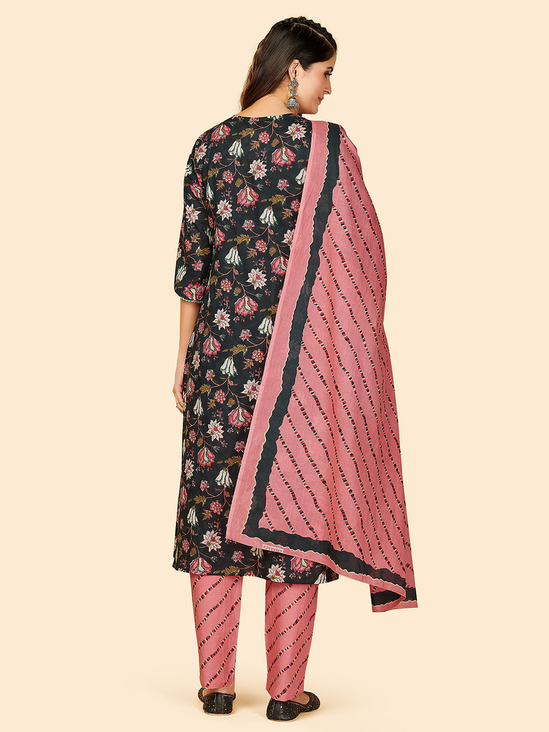NOZ2TOZ Women Black Cotton Kurta with Pant & Dupatta (3pcs Set) - Swadesiicart