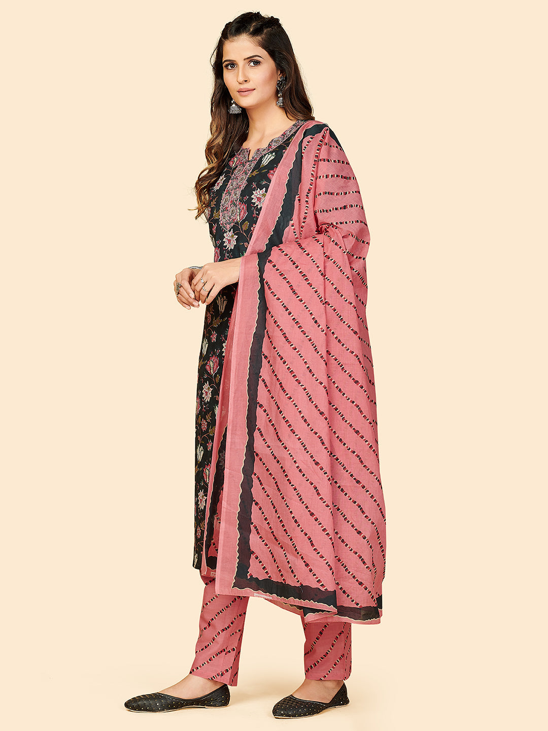 NOZ2TOZ Women Black Cotton Kurta with Pant & Dupatta (3pcs Set) - Noz2Toz