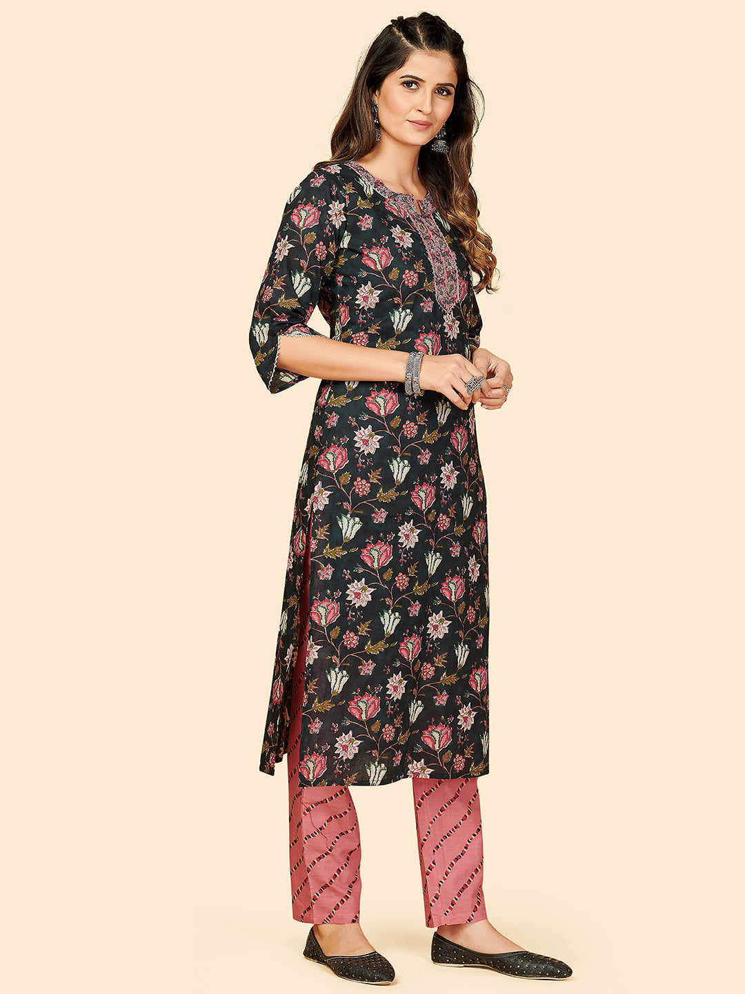 NOZ2TOZ Women Black Cotton Kurta with Pant & Dupatta (3pcs Set) - Swadesiicart