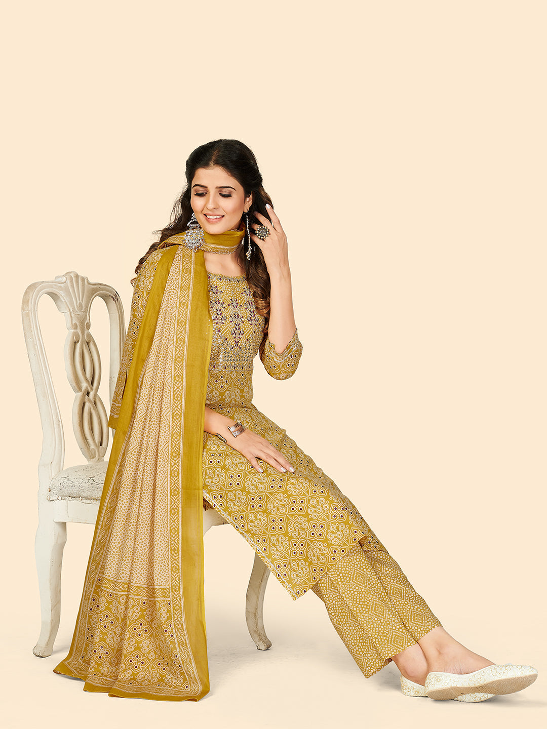 NOZ2TOZ Women's Embroidered & Sequience Work Straight Cotton Yellow Stitched Kurta Pant With Dupatta - Swadesiicart