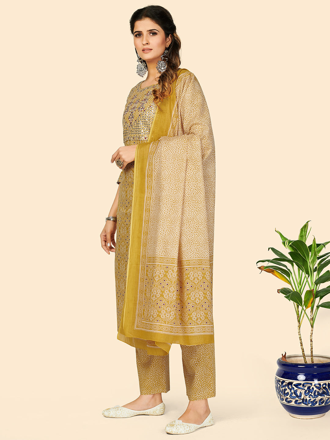 NOZ2TOZ Women's Embroidered & Sequience Work Straight Cotton Yellow Stitched Kurta Pant With Dupatta - Swadesiicart