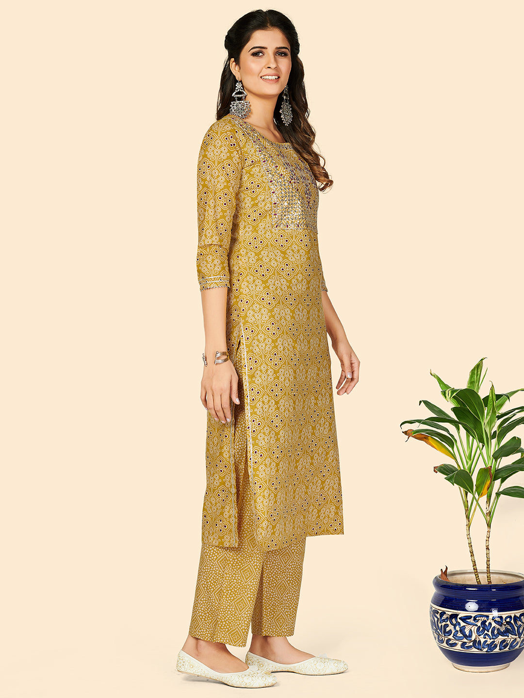 NOZ2TOZ Women's Embroidered & Sequience Work Straight Cotton Yellow Stitched Kurta Pant With Dupatta - Swadesiicart
