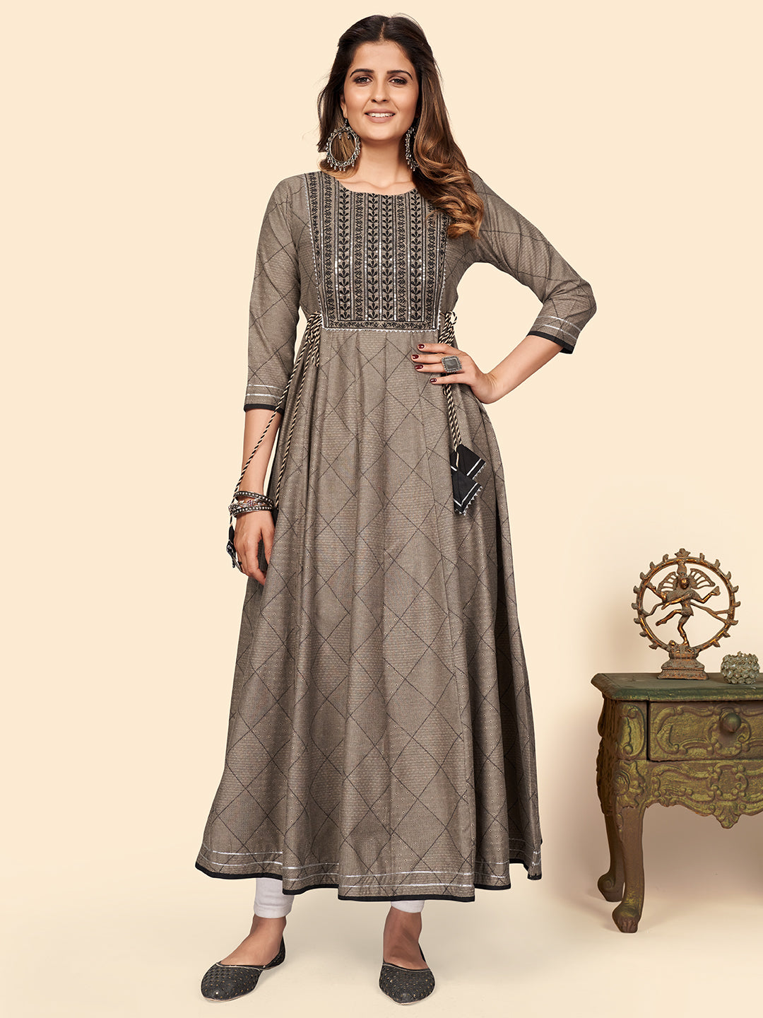 NOZ2TOZ Women's Embroidered Anarkali Cotton Bland Brown Stitched Kurta - Noz2Toz