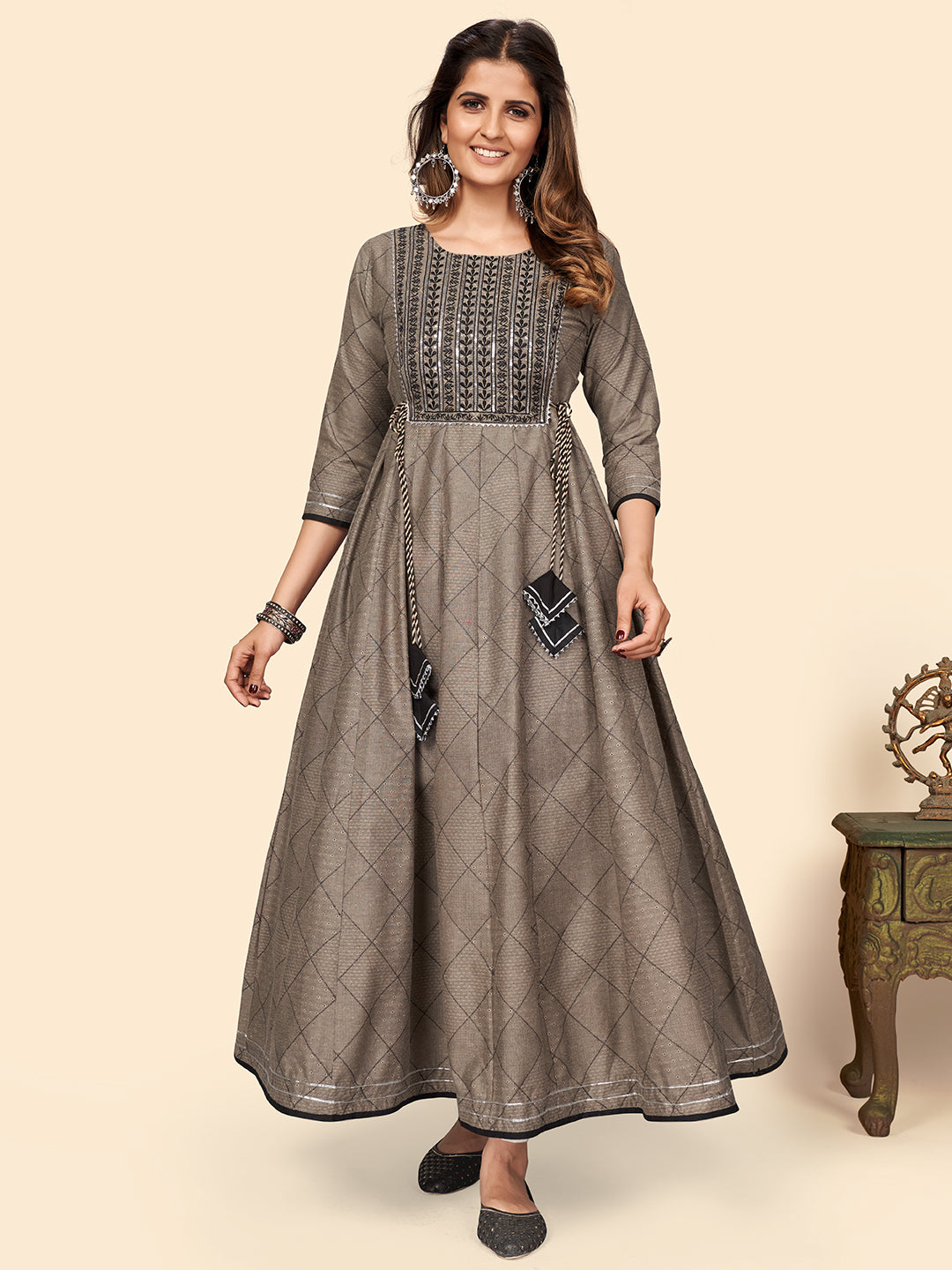 NOZ2TOZ Women's Embroidered Anarkali Cotton Bland Brown Stitched Kurta - Swadesiicart