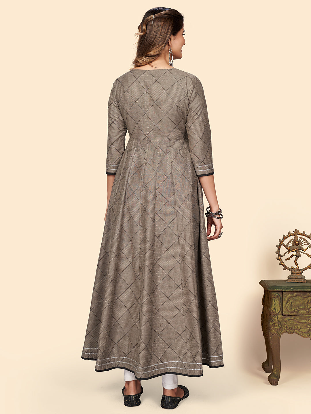 NOZ2TOZ Women's Embroidered Anarkali Cotton Bland Brown Stitched Kurta - Swadesiicart