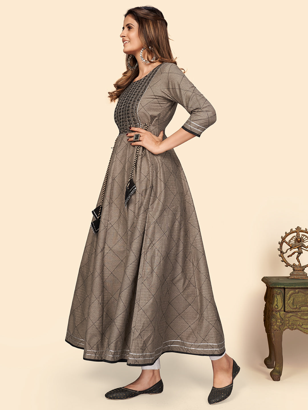 NOZ2TOZ Women's Embroidered Anarkali Cotton Bland Brown Stitched Kurta - Swadesiicart