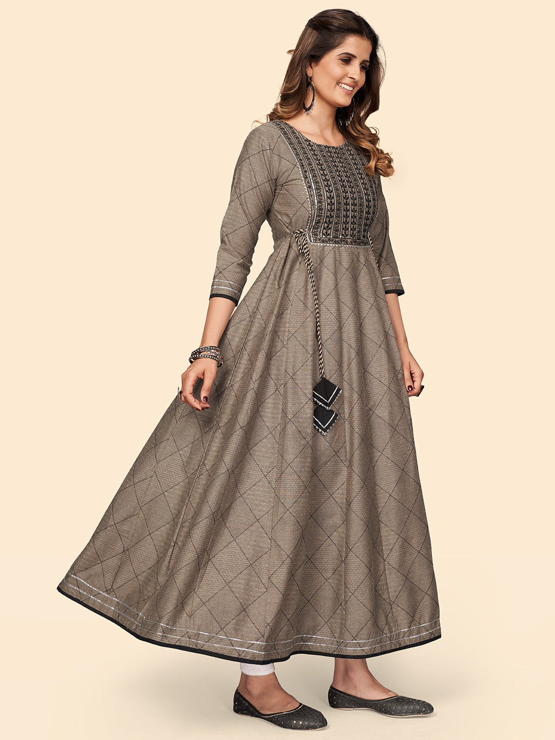NOZ2TOZ Women's Embroidered Anarkali Cotton Bland Brown Stitched Kurta - Swadesiicart