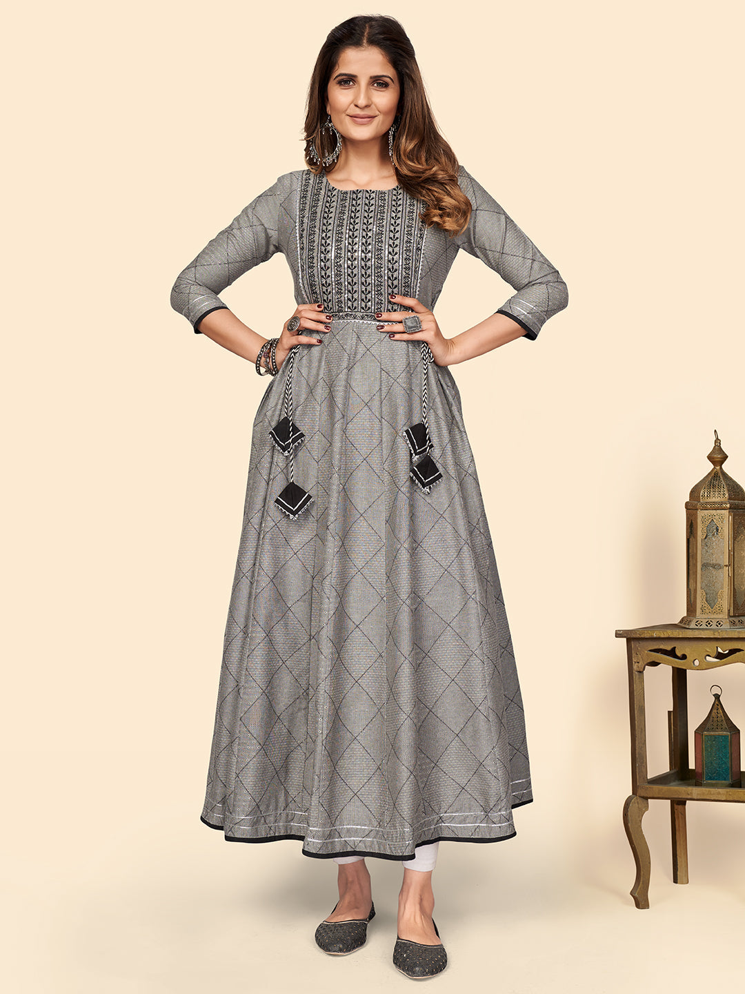 NOZ2TOZ Women's Embroidered Anarkali Cotton Bland Grey Stitched Kurta - Noz2Toz