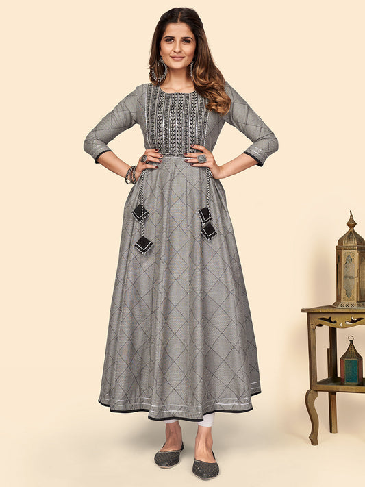 NOZ2TOZ Women's Embroidered Anarkali Cotton Bland Grey Stitched Kurta - Noz2Toz