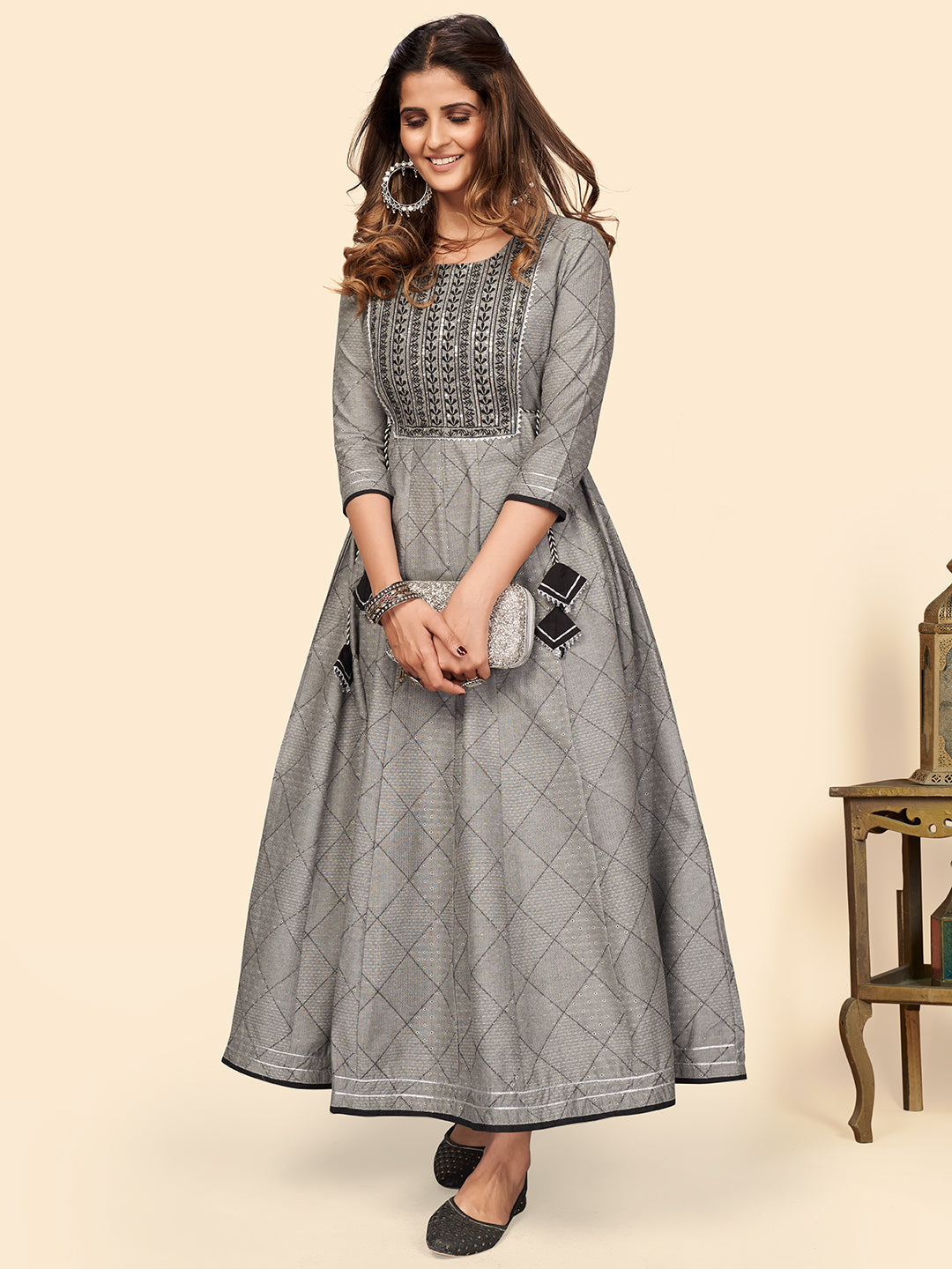 NOZ2TOZ Women's Embroidered Anarkali Cotton Bland Grey Stitched Kurta - Swadesiicart
