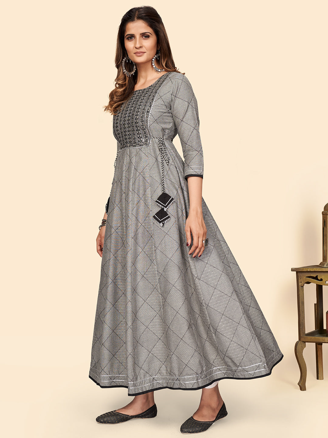 NOZ2TOZ Women's Embroidered Anarkali Cotton Bland Grey Stitched Kurta - Swadesiicart