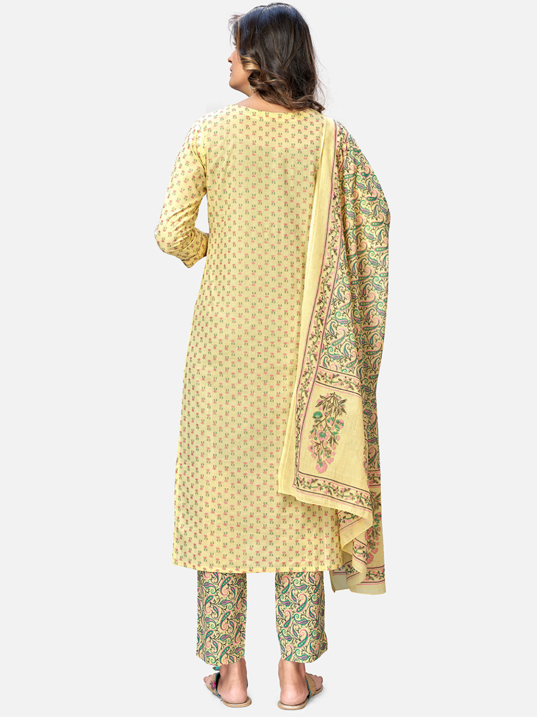 NOZ2TOZ Women's Foil Print & Gota Patti Work Straight Cotton Yellow Kurta Pant With Dupatta - Swadesiicart