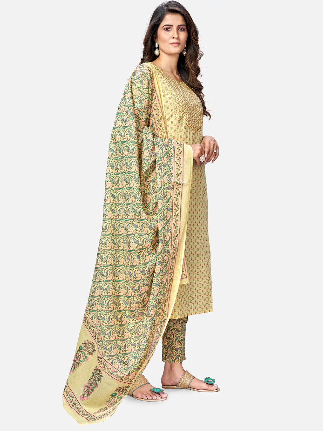 NOZ2TOZ Women's Foil Print & Gota Patti Work Straight Cotton Yellow Kurta Pant With Dupatta - Swadesiicart