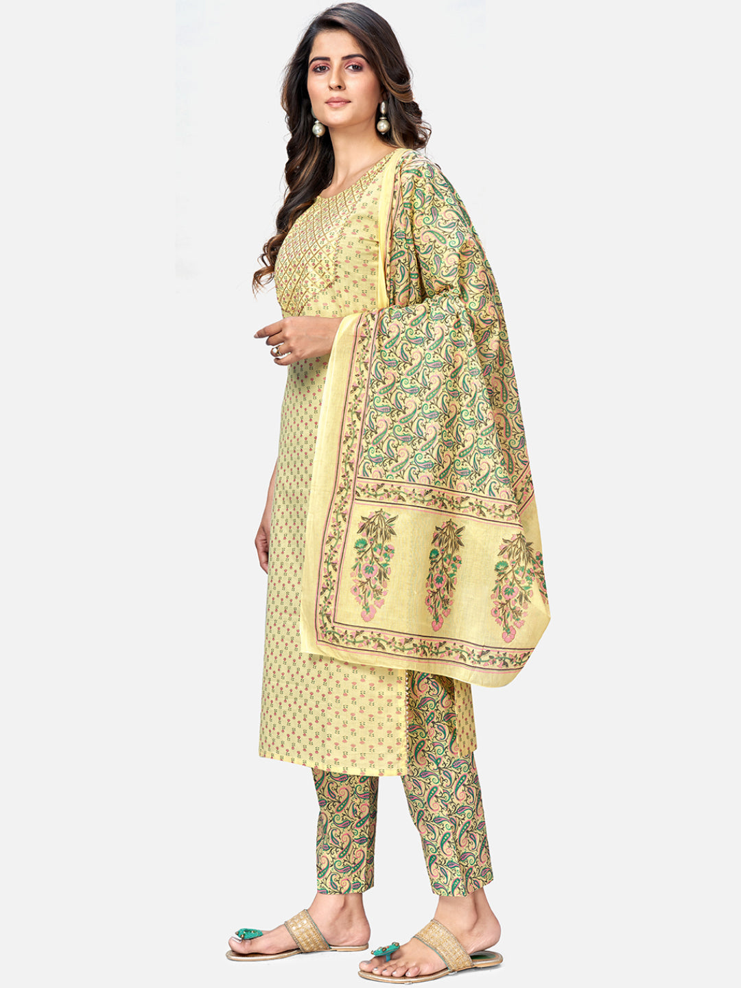 NOZ2TOZ Women's Foil Print & Gota Patti Work Straight Cotton Yellow Kurta Pant With Dupatta - Swadesiicart