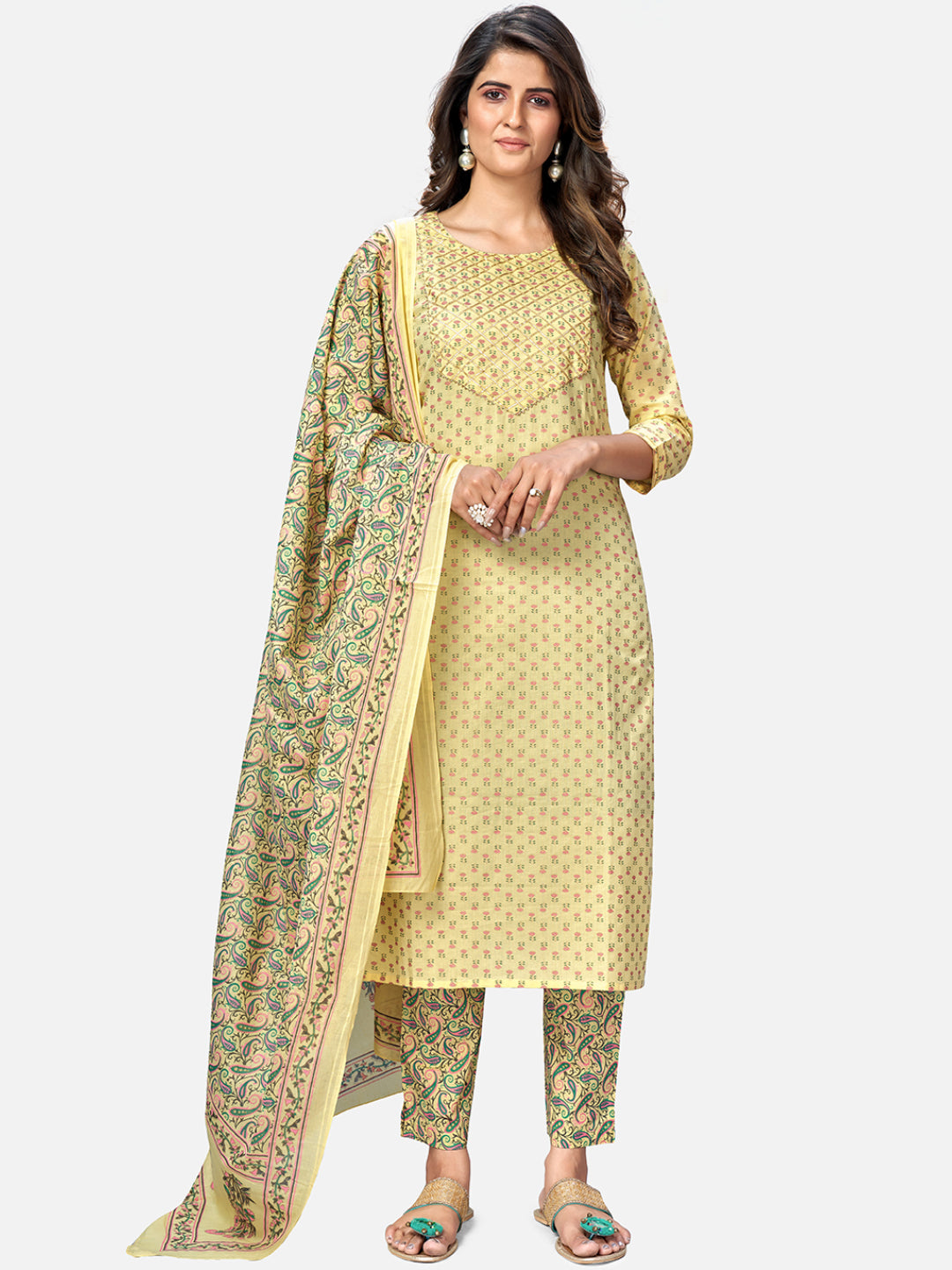 NOZ2TOZ Women's Foil Print & Gota Patti Work Straight Cotton Yellow Kurta Pant With Dupatta - Noz2Toz