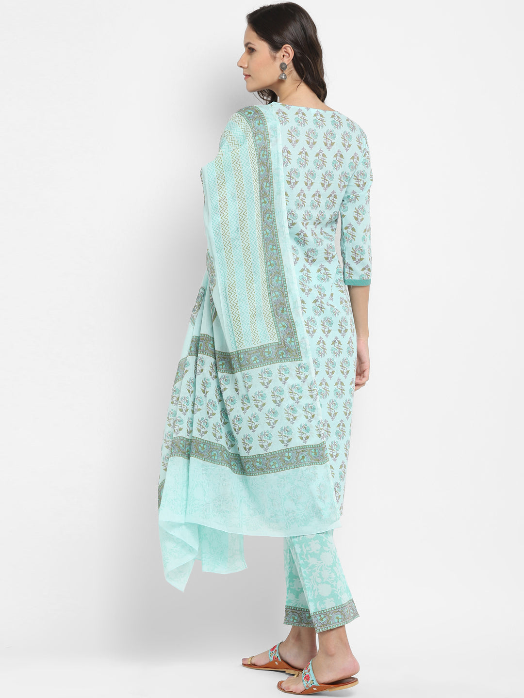 NOZ2TOZ Women Aqua Blue Printed Cotton Kurta with Pants & Dupatta (3 Pc Set) - Swadesiicart