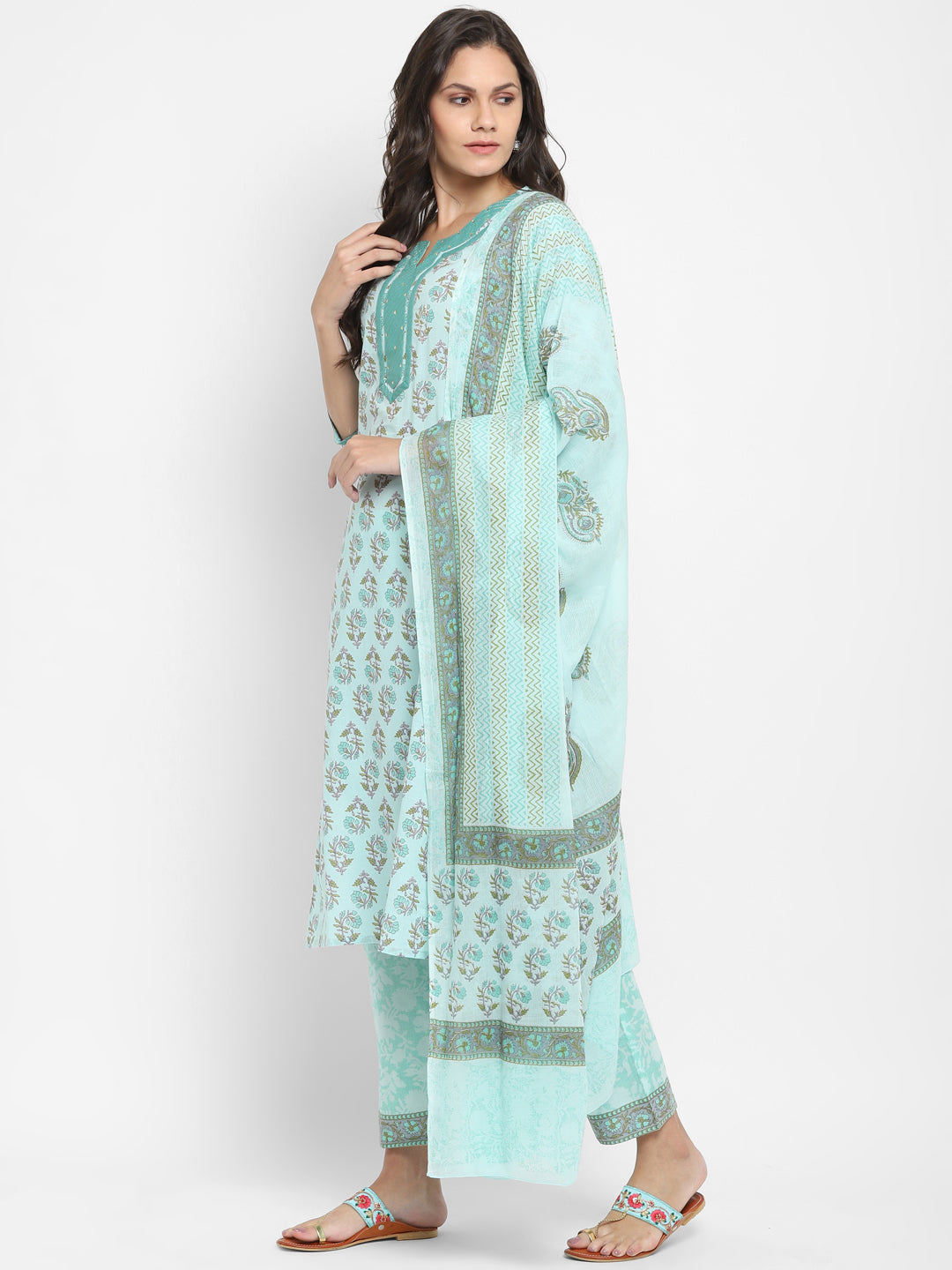 NOZ2TOZ Women Aqua Blue Printed Cotton Kurta with Pants & Dupatta (3 Pc Set) - Noz2Toz