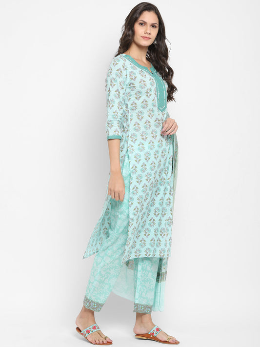 NOZ2TOZ Women Aqua Blue Printed Cotton Kurta with Pants & Dupatta (3 Pc Set) - Swadesiicart