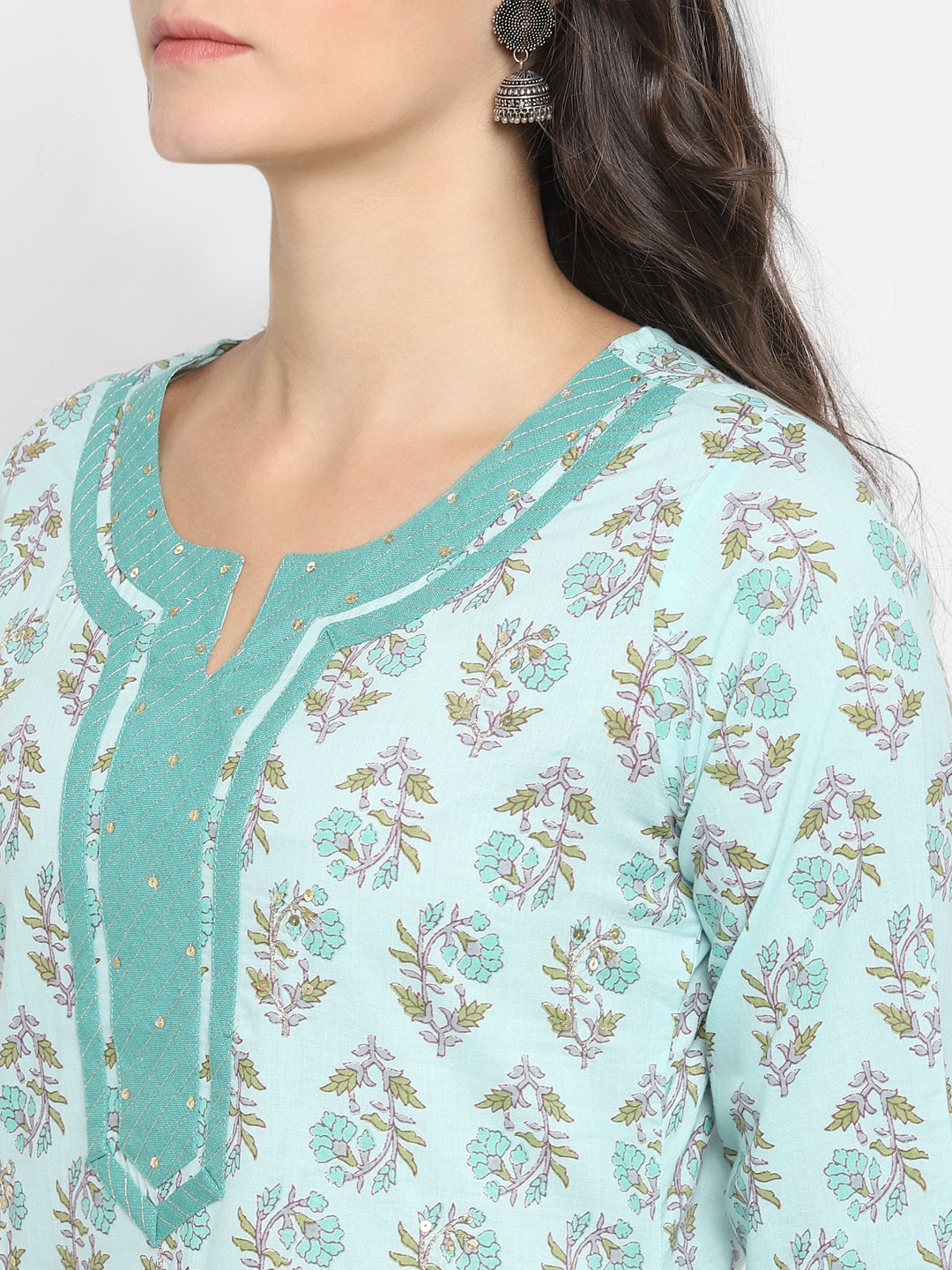 NOZ2TOZ Women Aqua Blue Printed Cotton Kurta with Pants & Dupatta (3 Pc Set) - Swadesiicart